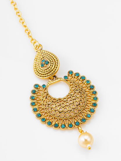 Antique Gold-Plated Chandbali Maang Tikka with Blue Stones and Pearl Drop
