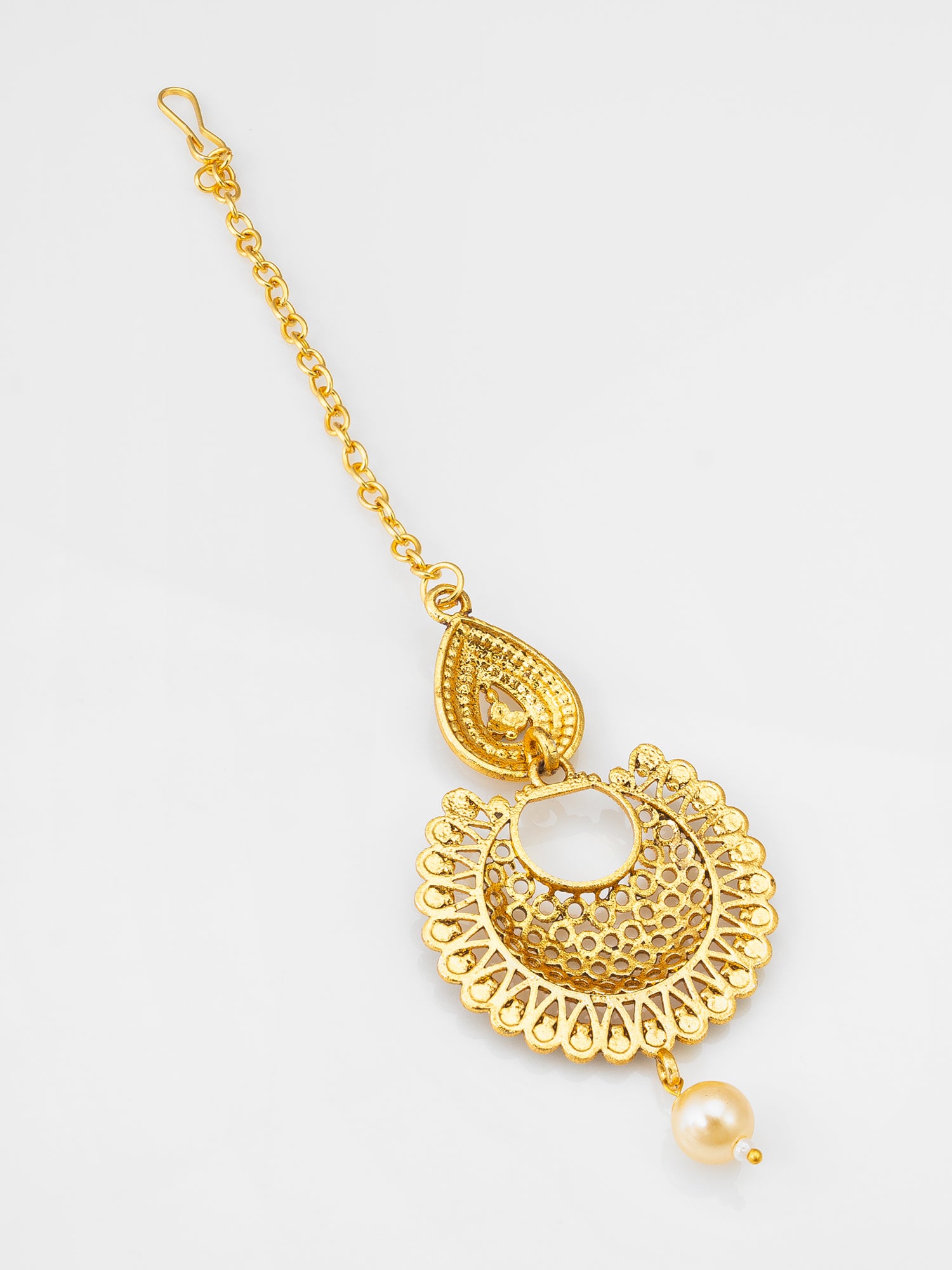 Antique Gold-Plated Chandbali Maang Tikka with Blue Stones and Pearl Drop