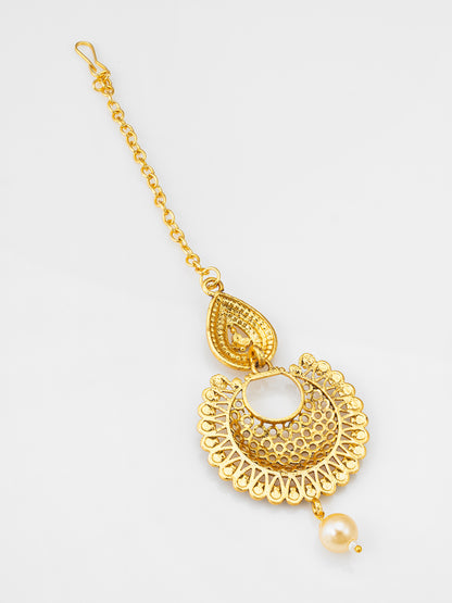 Antique Gold-Plated Chandbali Maang Tikka with Blue Stones and Pearl Drop