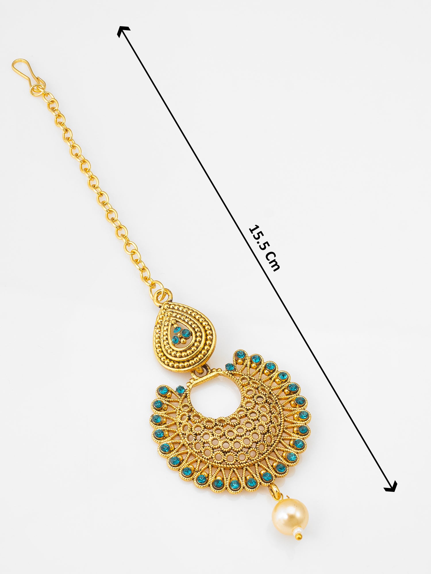 Antique Gold-Plated Chandbali Maang Tikka with Blue Stones and Pearl Drop