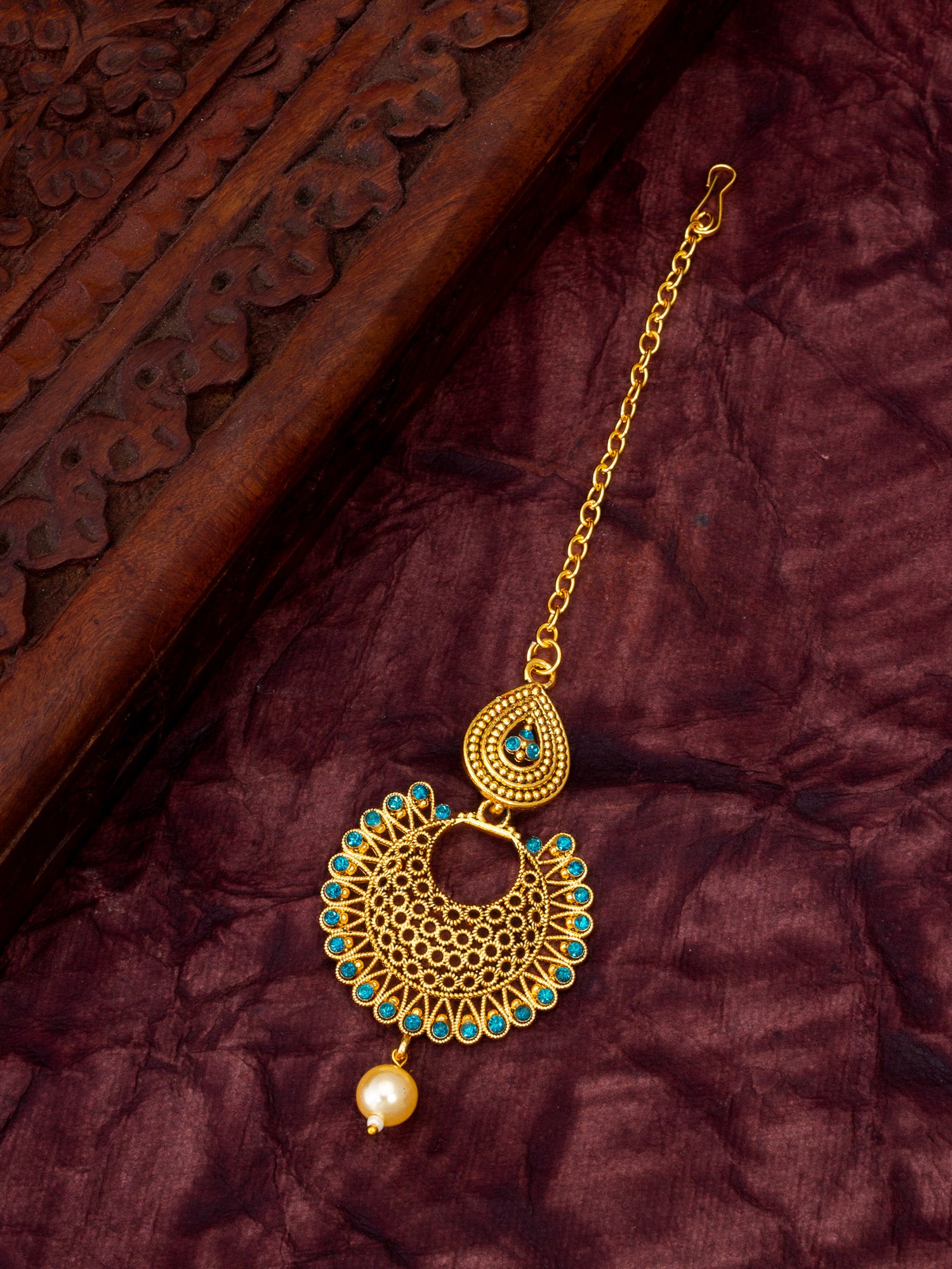 Antique Gold-Plated Chandbali Maang Tikka with Blue Stones and Pearl Drop