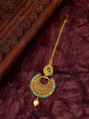 Antique Gold-Plated Chandbali Maang Tikka with Blue Stones and Pearl Drop