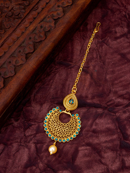 Antique Gold-Plated Chandbali Maang Tikka with Blue Stones and Pearl Drop
