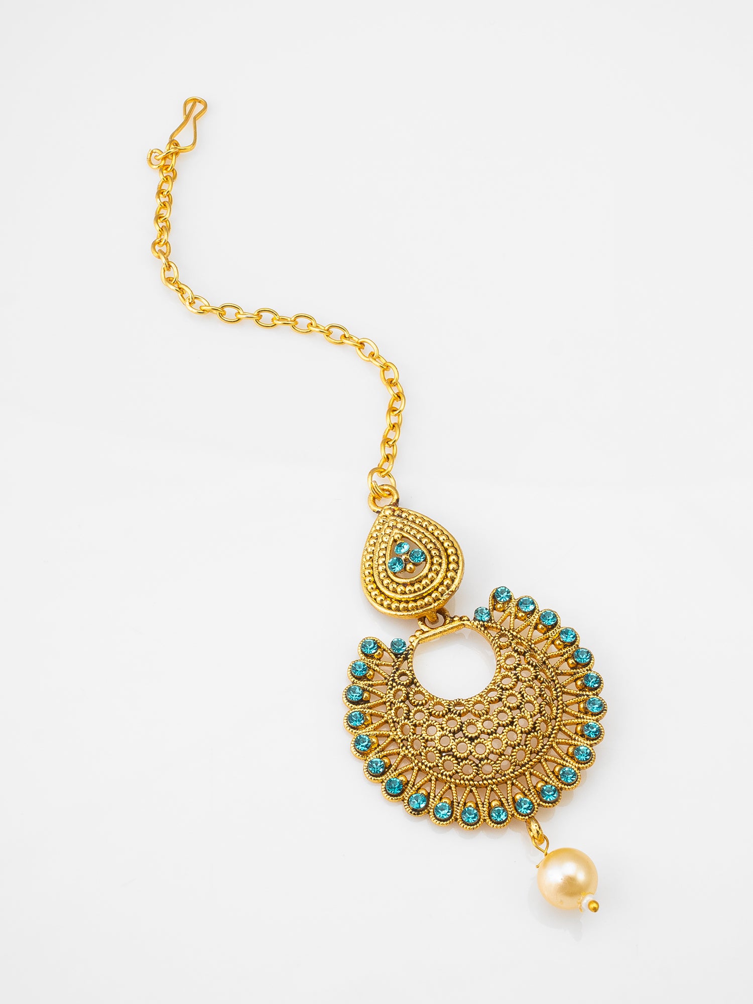 Antique Gold-Plated Traditional Chandbali Maang Tikka with Turquoise Blue Crystals and Pearl Drop