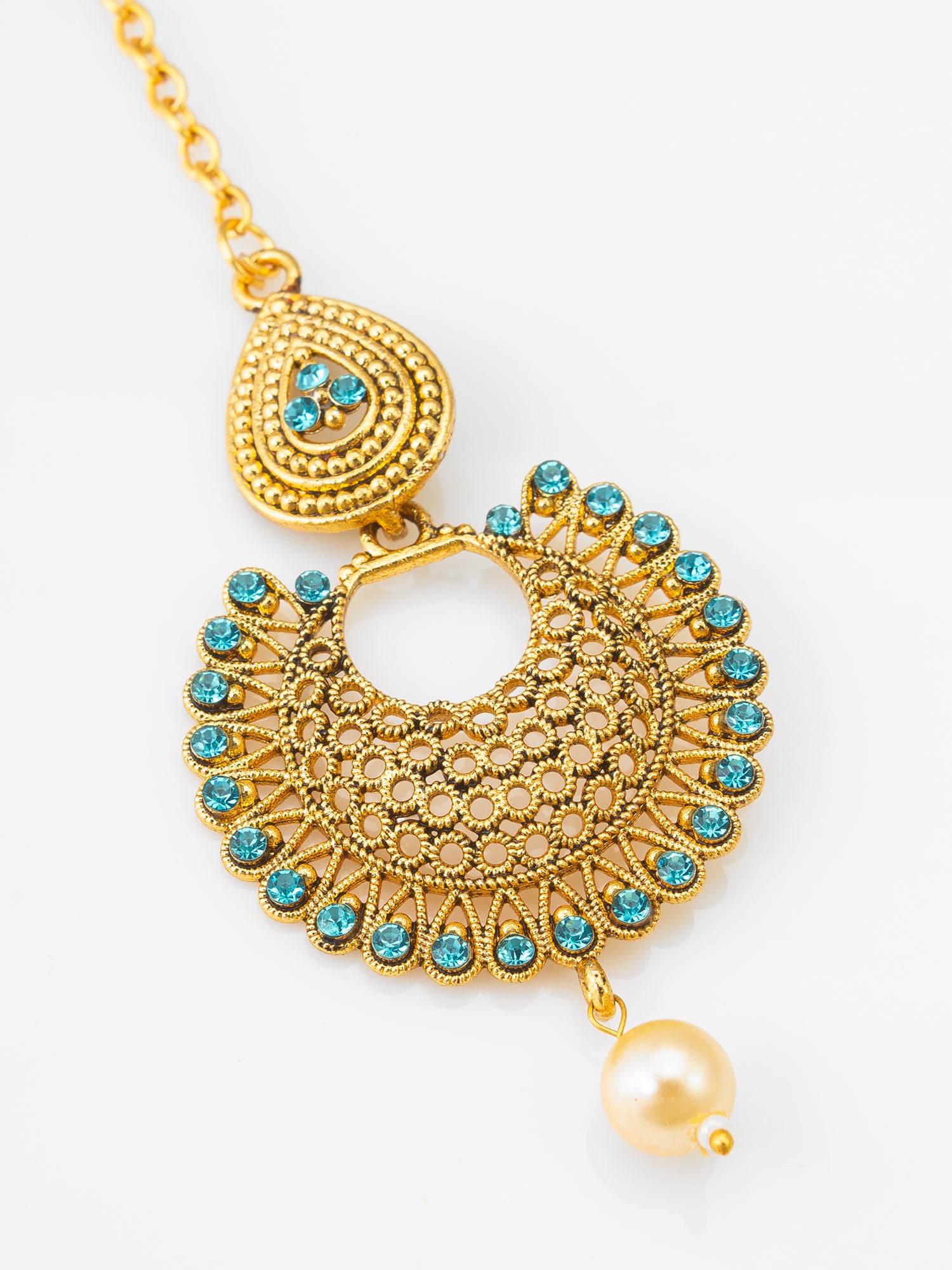 Antique Gold-Plated Traditional Chandbali Maang Tikka with Turquoise Blue Crystals and Pearl Drop