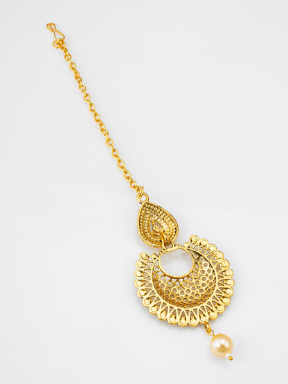 Antique Gold-Plated Traditional Chandbali Maang Tikka with Turquoise Blue Crystals and Pearl Drop
