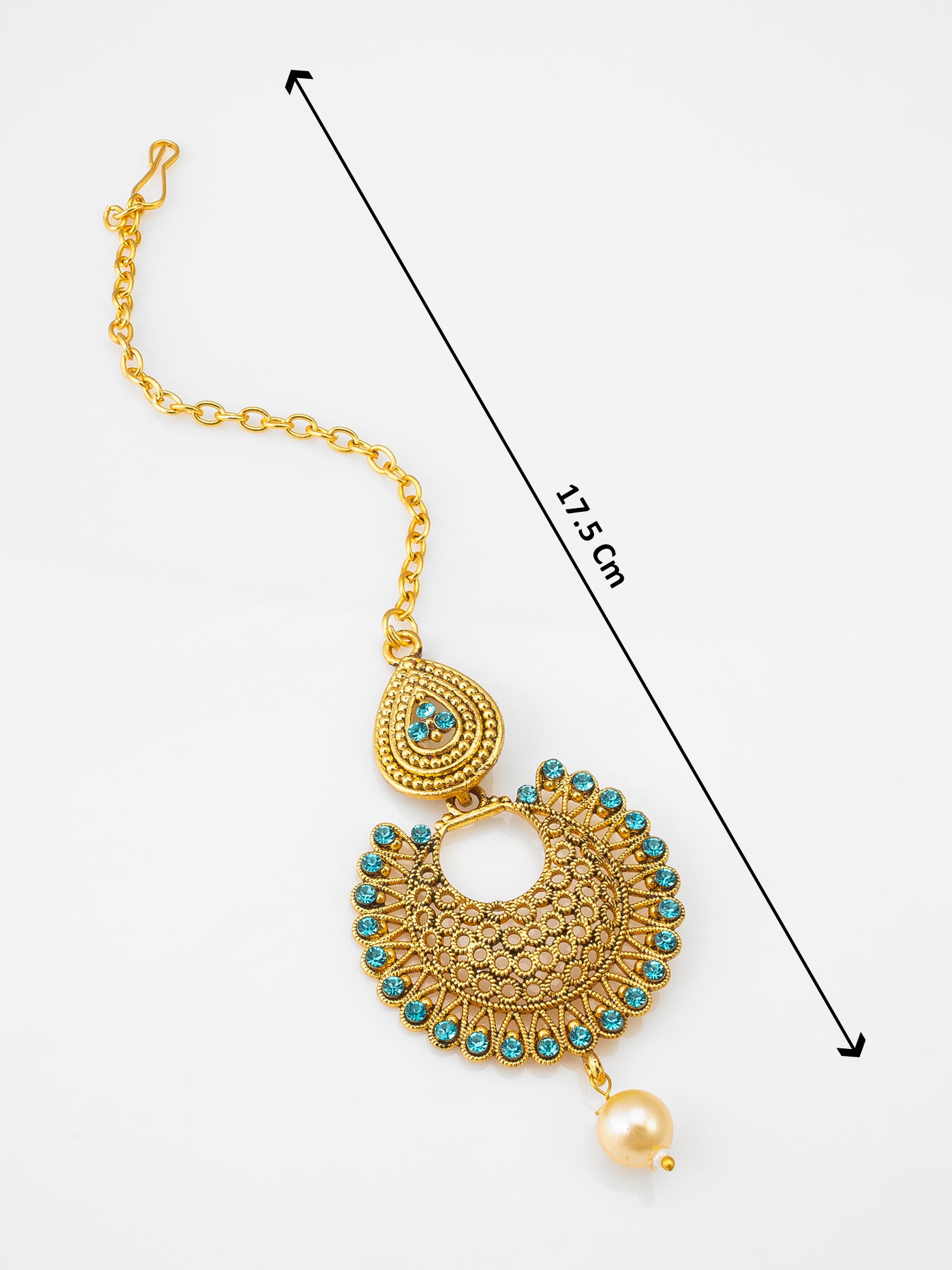 Antique Gold-Plated Traditional Chandbali Maang Tikka with Turquoise Blue Crystals and Pearl Drop