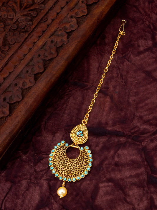 Antique Gold-Plated Traditional Chandbali Maang Tikka with Turquoise Blue Crystals and Pearl Drop