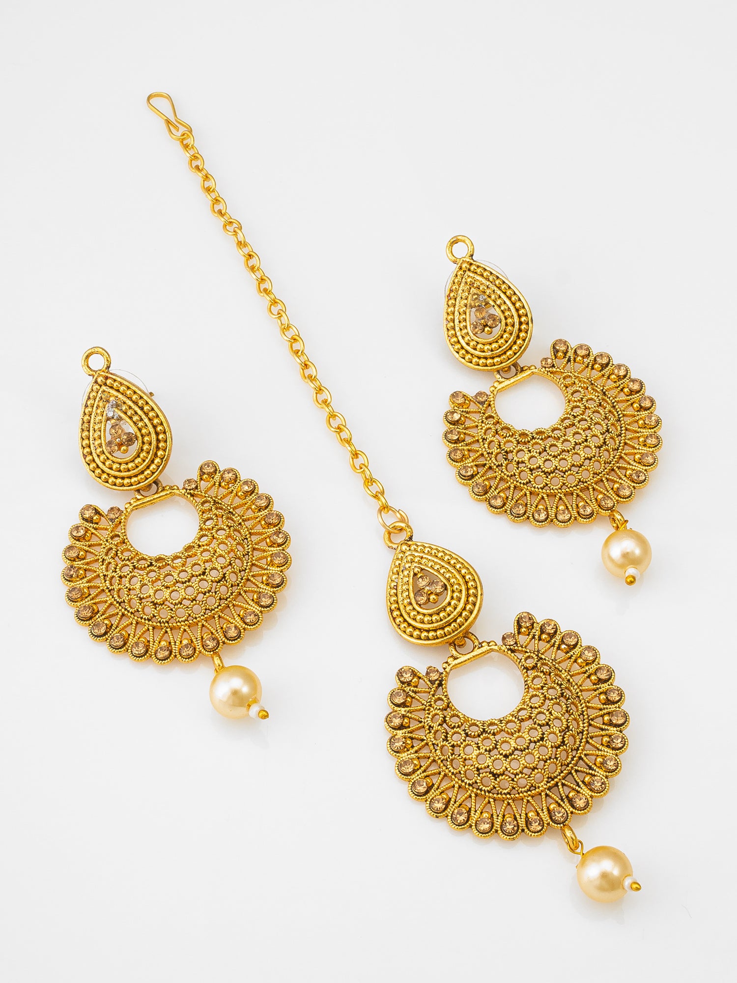 Aadita Gold Plated Traditional Pearl Maang Tikka with Earrings Set