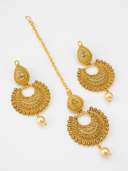 Aadita Gold Plated Traditional Pearl Maang Tikka with Earrings Set