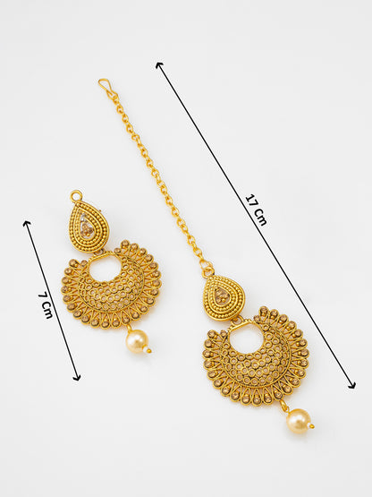 Aadita Gold Plated Traditional Pearl Maang Tikka with Earrings Set