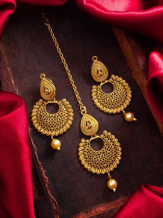Aadita Gold Plated Traditional Pearl Maang Tikka with Earrings Set WMGT6256
