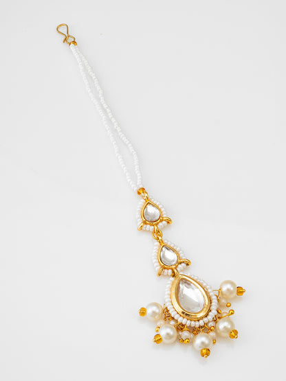 Aadita Gold Plated White Kundan and Pearl Beaded Maang Tikka for Women