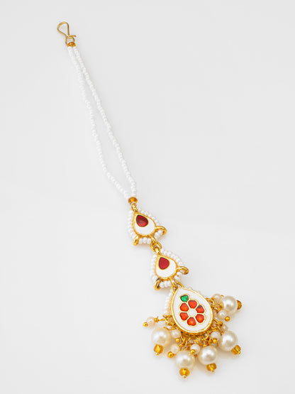 Aadita Gold Plated White Kundan and Pearl Beaded Maang Tikka for Women