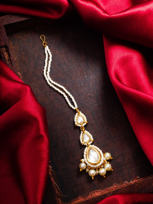 Aadita Gold Plated White Kundan and Pearl Beaded Maang Tikka for Women WMGT6257