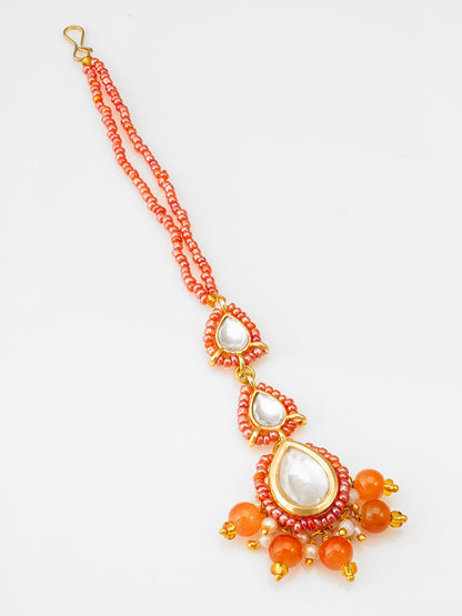 Aadita Gold Plated Kundan Pearl Maang Tikka with Orange Beads for Women & Girls WMGT6258