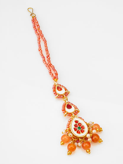 Aadita Gold Plated Kundan Pearl Maang Tikka with Orange Beads for Women & Girls