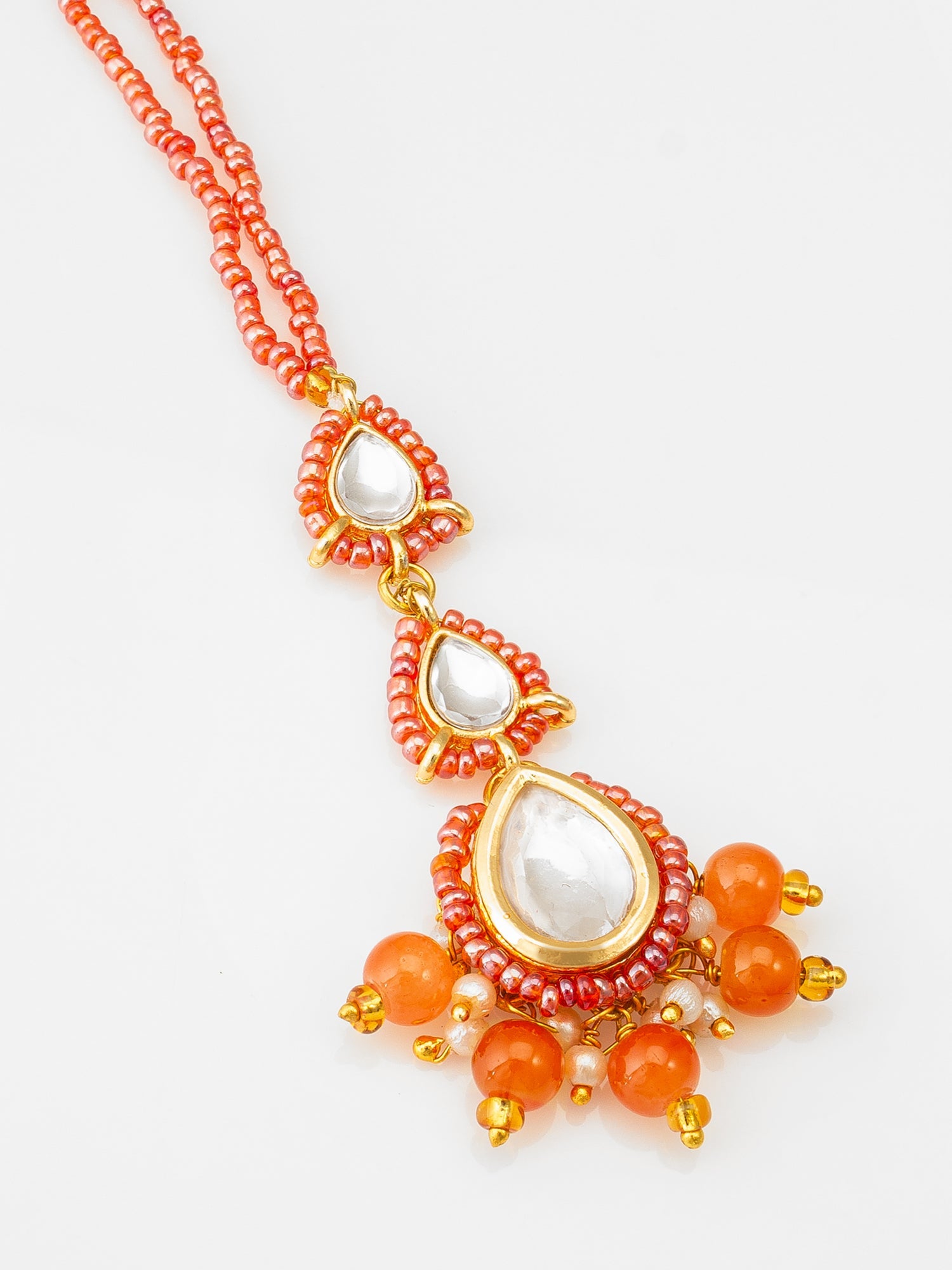 Aadita Gold Plated Kundan Pearl Maang Tikka with Orange Beads for Women & Girls WMGT6258