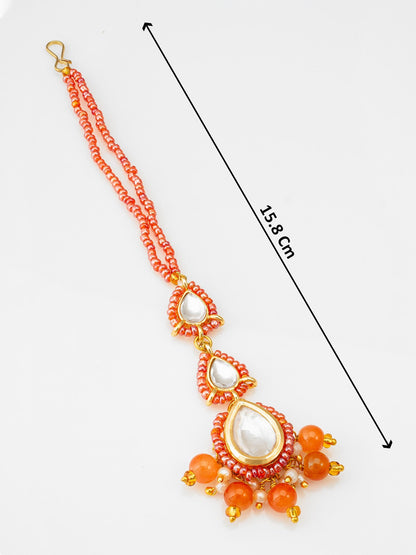 Aadita Gold Plated Kundan Pearl Maang Tikka with Orange Beads for Women & Girls WMGT6258