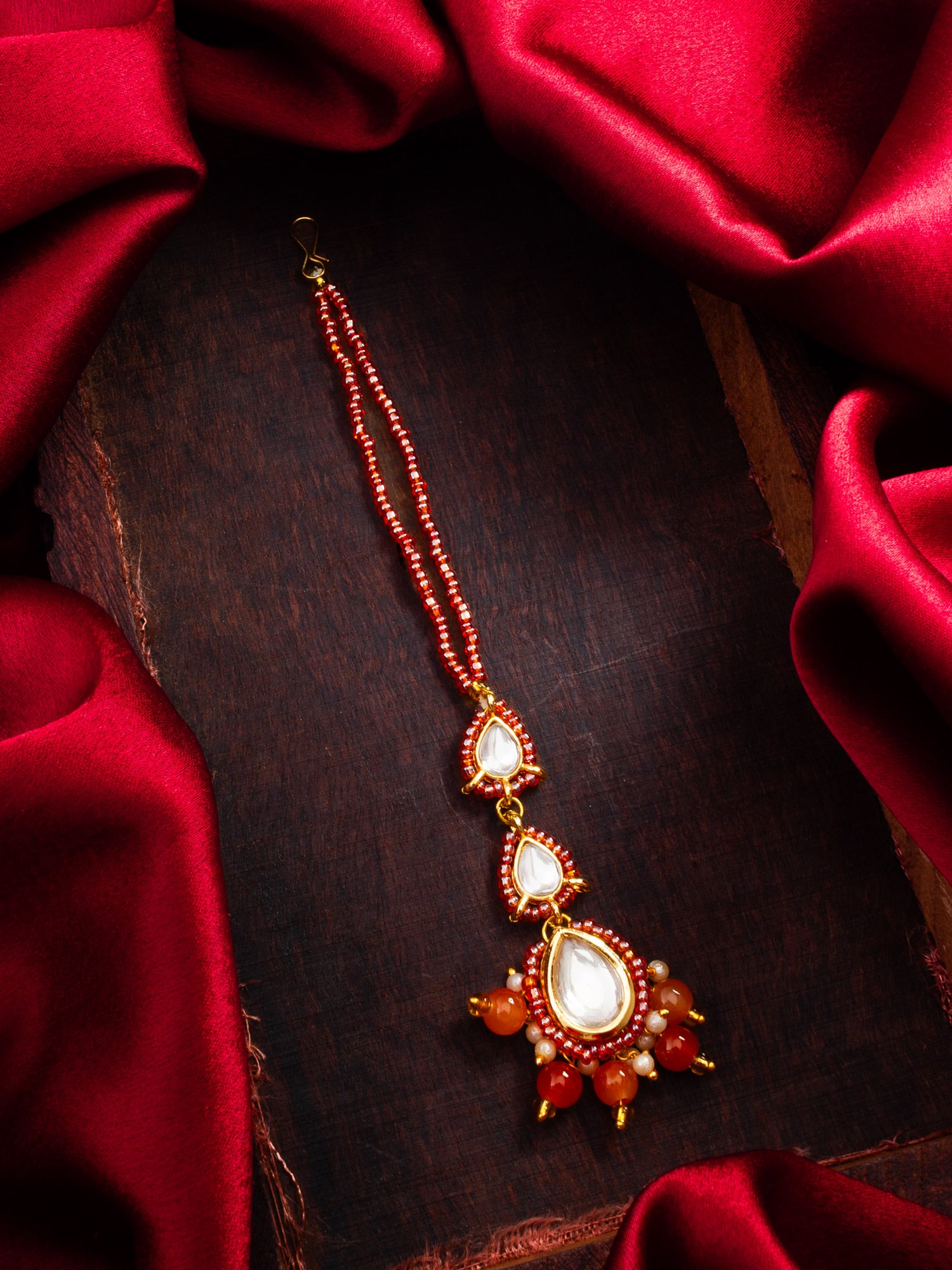 Aadita Gold Plated Kundan Pearl Maang Tikka with Orange Beads for Women & Girls