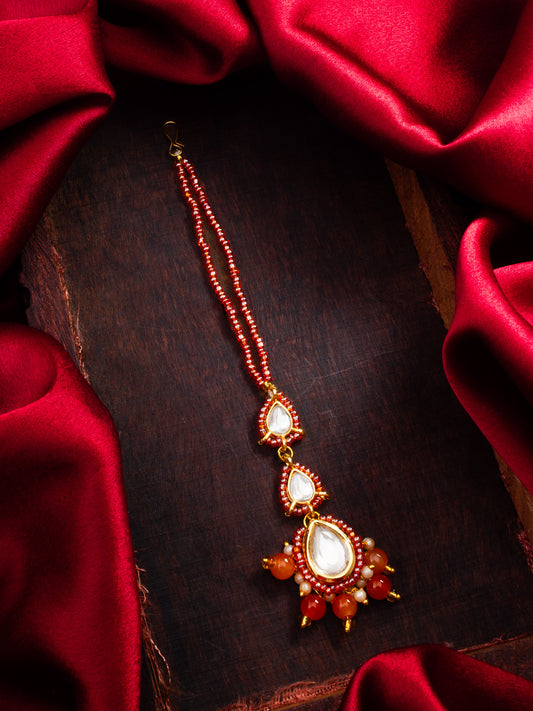 Aadita Gold Plated Kundan Pearl Maang Tikka with Orange Beads for Women & Girls