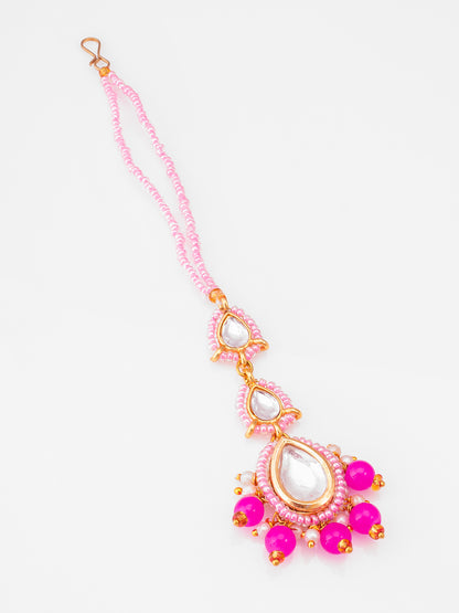 Aadita Pink Kundan Beaded Maang Tikka with Faux Pearl Drops