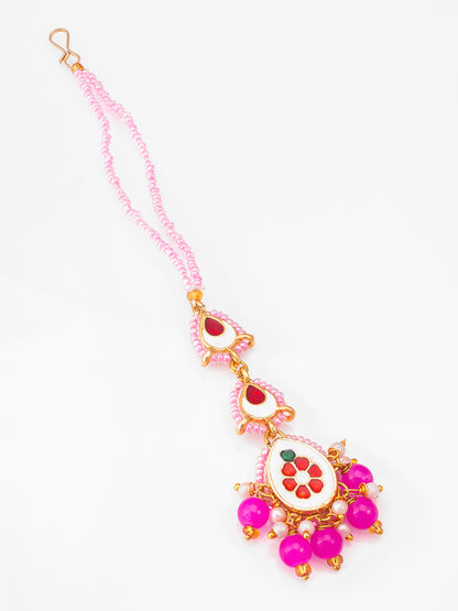 Aadita Pink Kundan Beaded Maang Tikka with Faux Pearl Drops