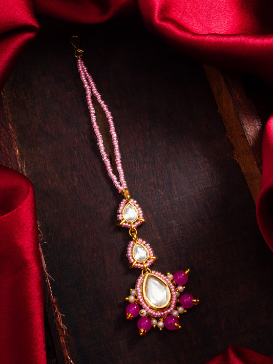 Aadita Pink Kundan Beaded Maang Tikka with Faux Pearl Drops