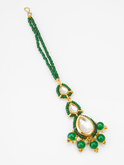 Aadita Gold Plated Green Beaded Kundan Maang Tikka