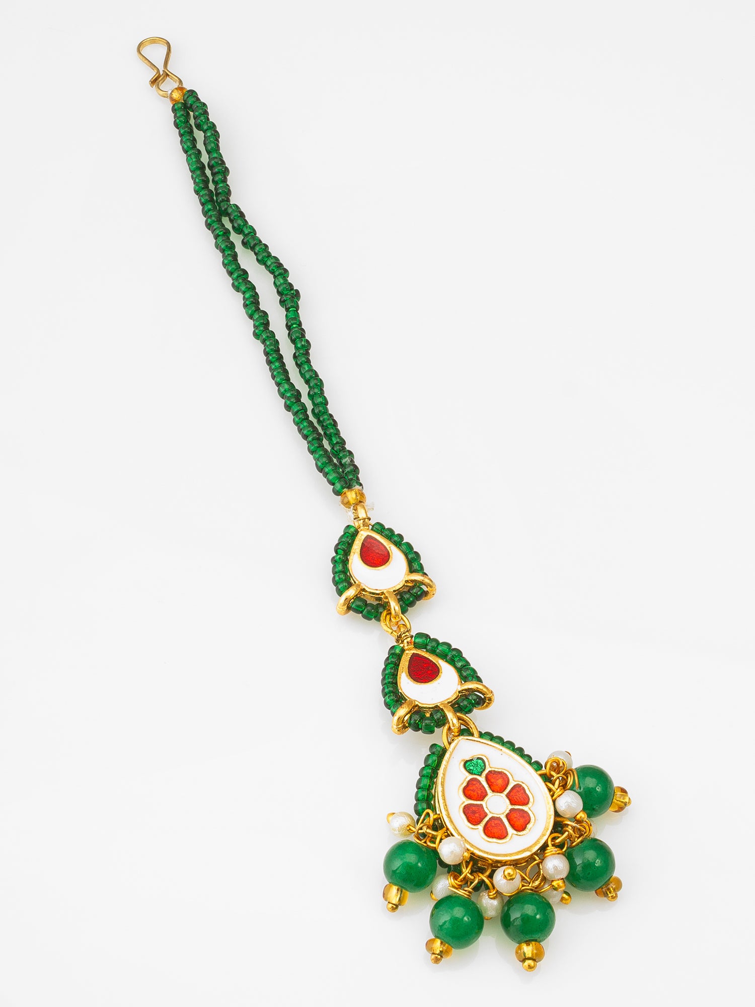 Aadita Gold Plated Green Beaded Kundan Maang Tikka