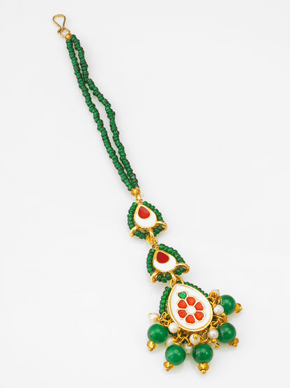 Aadita Gold Plated Green Beaded Kundan Maang Tikka