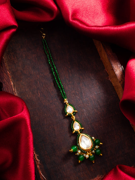 Aadita Gold Plated Green Beaded Kundan Maang Tikka