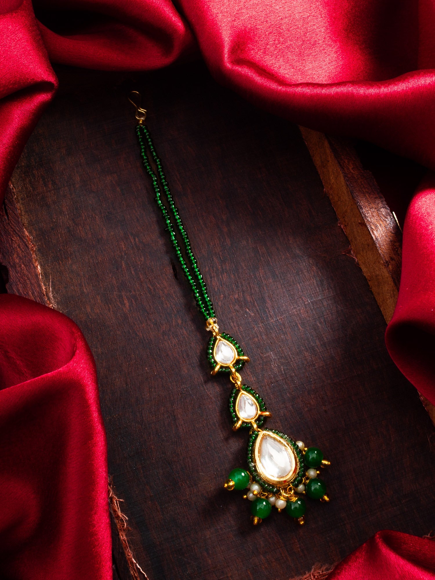 Aadita Gold Plated Green Beaded Kundan Maang Tikka WMGT6260