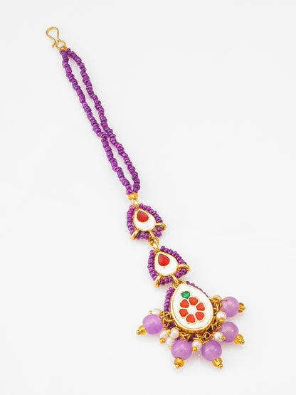 Aadita Pink Kundan Pearl Beaded Maang Tikka for Women