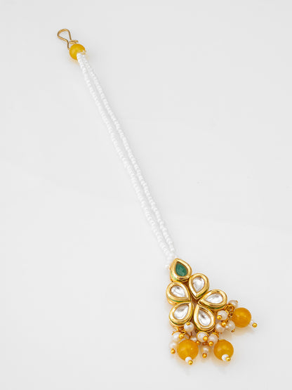 Aadita Gold-Plated Kundan & Bead Maang Tikka with Yellow Drop Beads