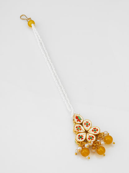 Aadita Gold-Plated Kundan & Bead Maang Tikka with Yellow Drop Beads