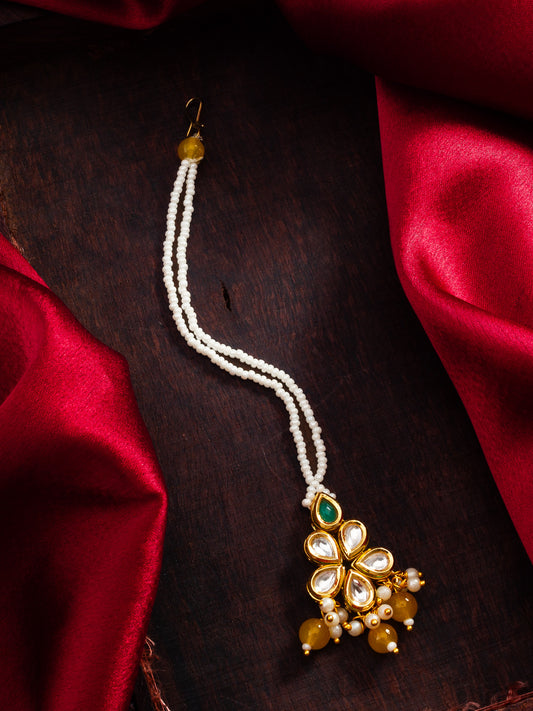 Aadita Gold-Plated Kundan & Bead Maang Tikka with Yellow Drop Beads