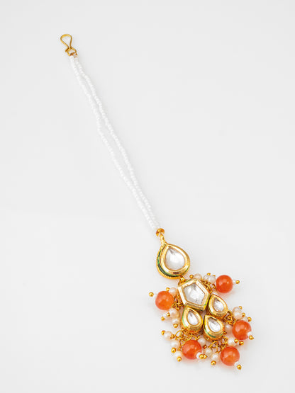 Aadita Fashion Orange Beaded Kundan Maang Tikka for Women & Girls
