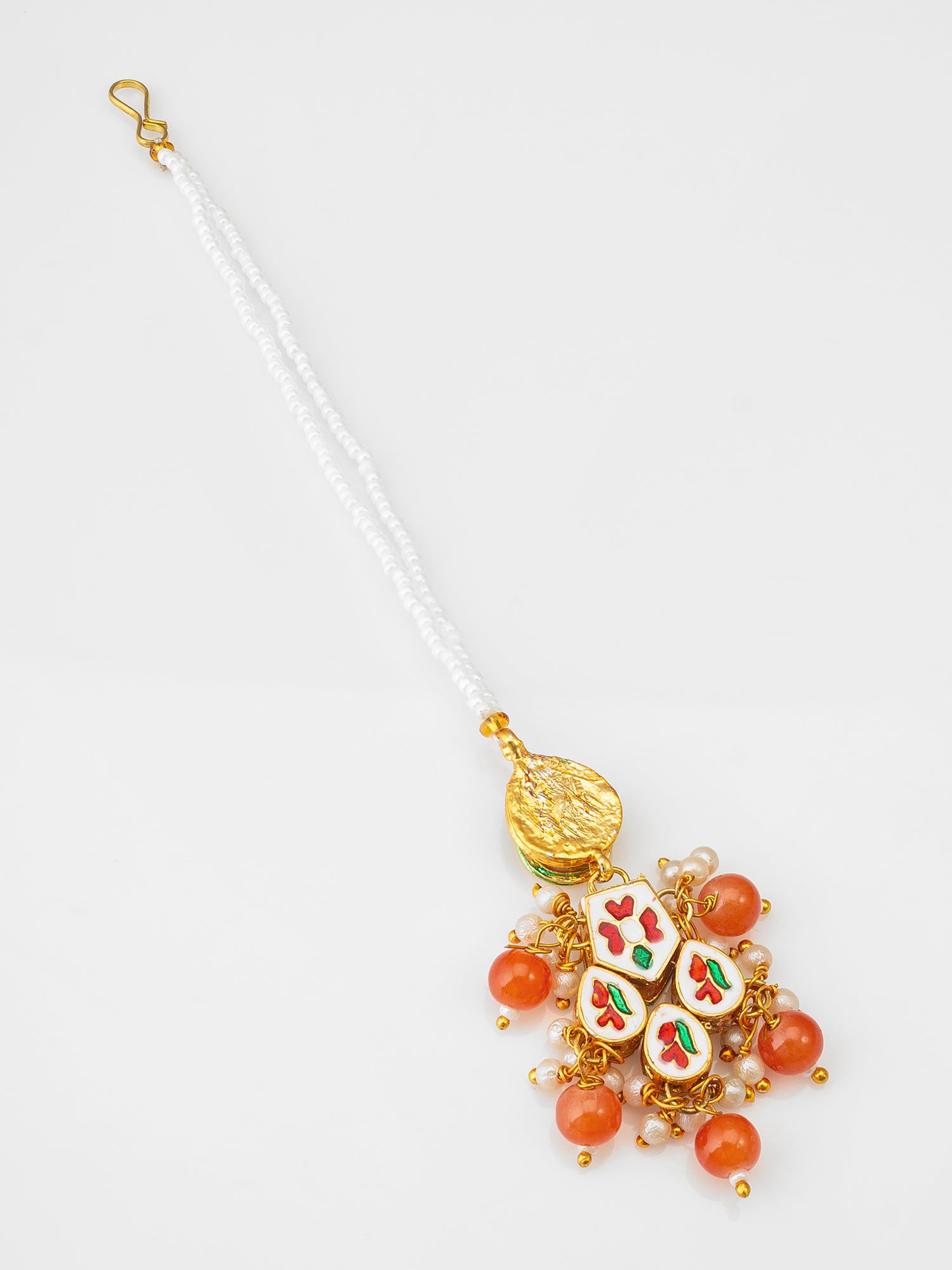 Aadita Fashion Orange Beaded Kundan Maang Tikka for Women & Girls