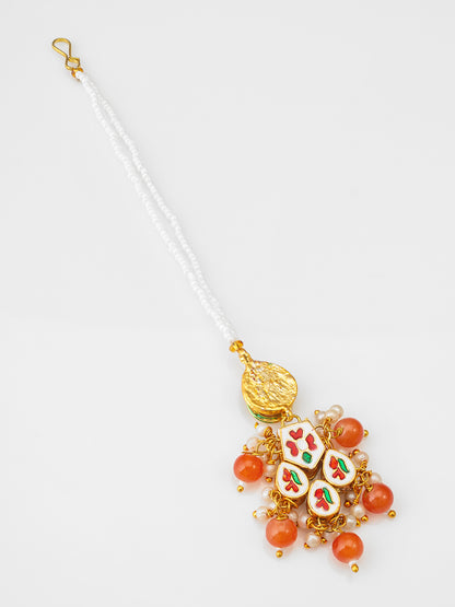 Aadita Fashion Orange Beaded Kundan Maang Tikka for Women & Girls