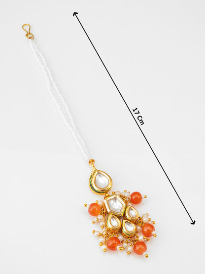 Aadita Fashion Orange Beaded Kundan Maang Tikka for Women & Girls