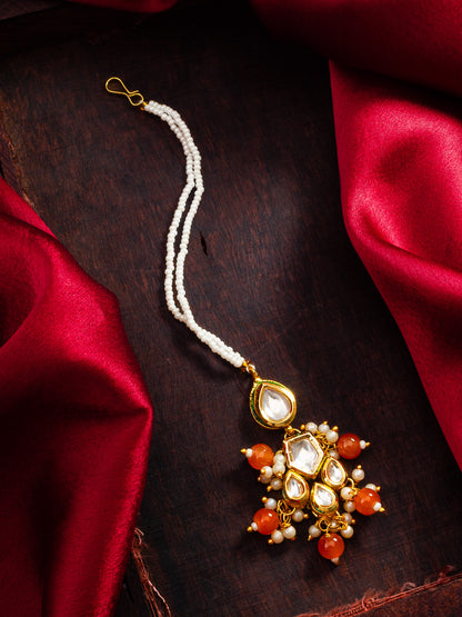 Aadita Fashion Orange Beaded Kundan Maang Tikka for Women & Girls