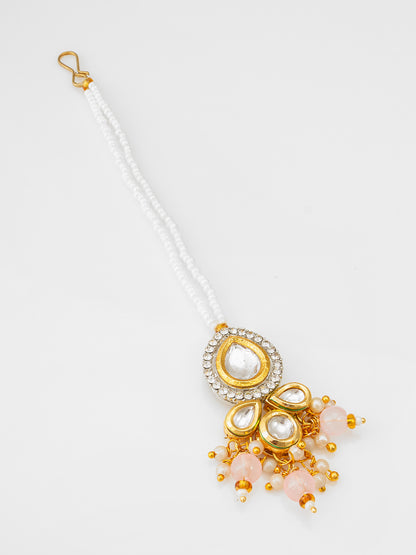 Aadita Fashion White Pearl Beaded Kundan Maang Tikka with Peach Beads
