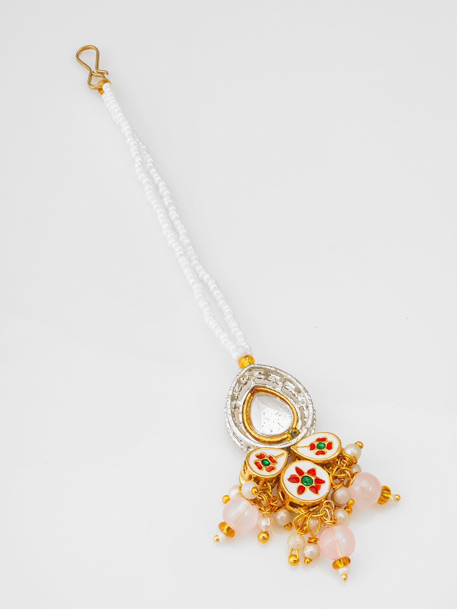 Aadita Fashion White Pearl Beaded Kundan Maang Tikka with Peach Beads