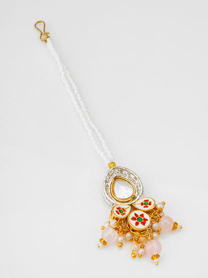 Aadita Fashion White Pearl Beaded Kundan Maang Tikka with Peach Beads