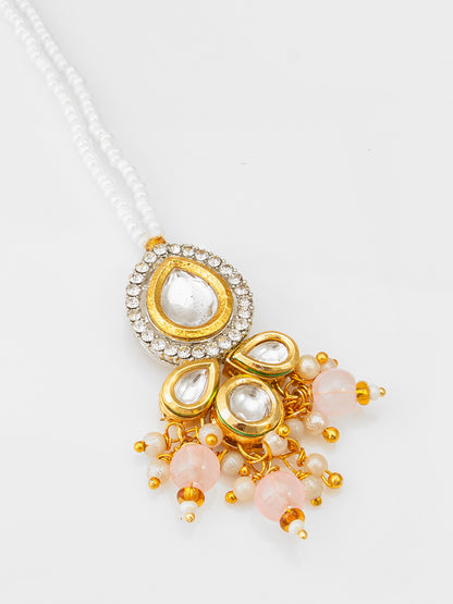 Aadita Fashion White Pearl Beaded Kundan Maang Tikka with Peach Beads