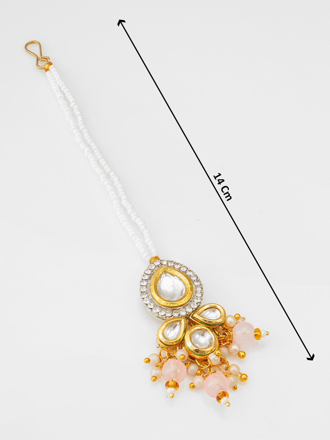 White Pearl Beaded Kundan Maang Tikka with Peach Beads