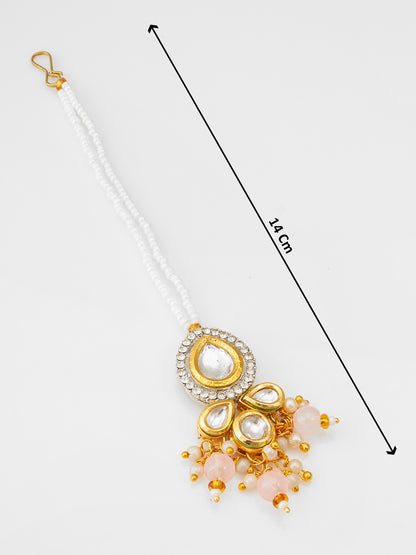 Aadita Fashion White Pearl Beaded Kundan Maang Tikka with Peach Beads