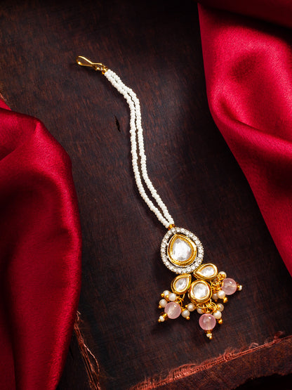Aadita Fashion White Pearl Beaded Kundan Maang Tikka with Peach Beads