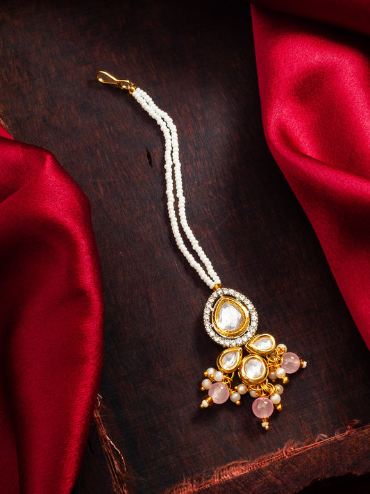 Aadita Fashion White Pearl Beaded Kundan Maang Tikka with Peach Beads